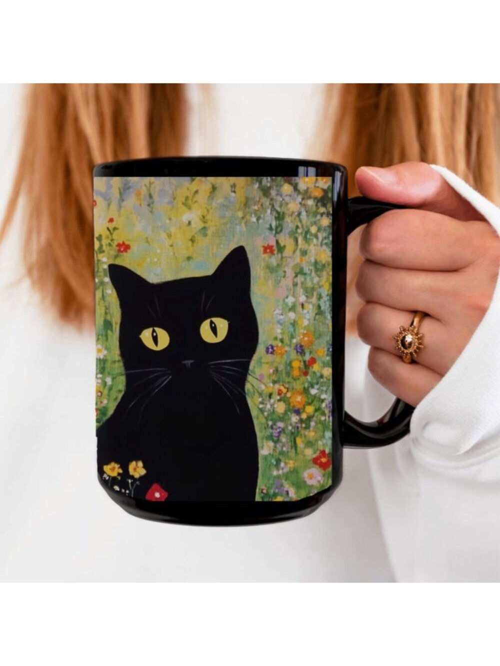 Black Cat with Spring Flowers Coffee Mug, Ceramic Black Cat Mug